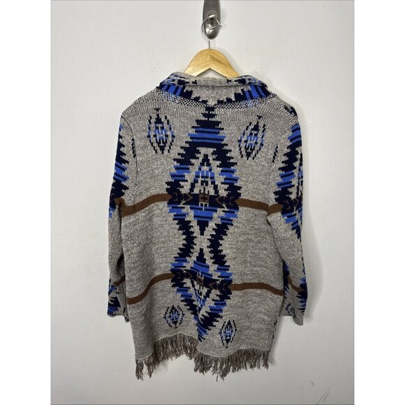 Alia Woman M Southwestern Aztec Cardigan Sweater Knit Fringe Toggle Shawl - Picture 5 of 6